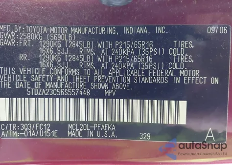 2006 Toyota Sienna Le из США, поврежденный, VIN 5TDZA23C56S557448